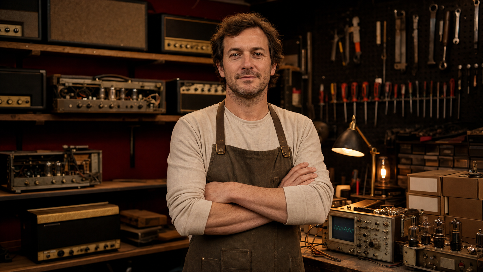 Portrait de Romain Klein, bras croisés, dans son atelier entouré d'amplificateurs, d'outils et de boîtes de lampes