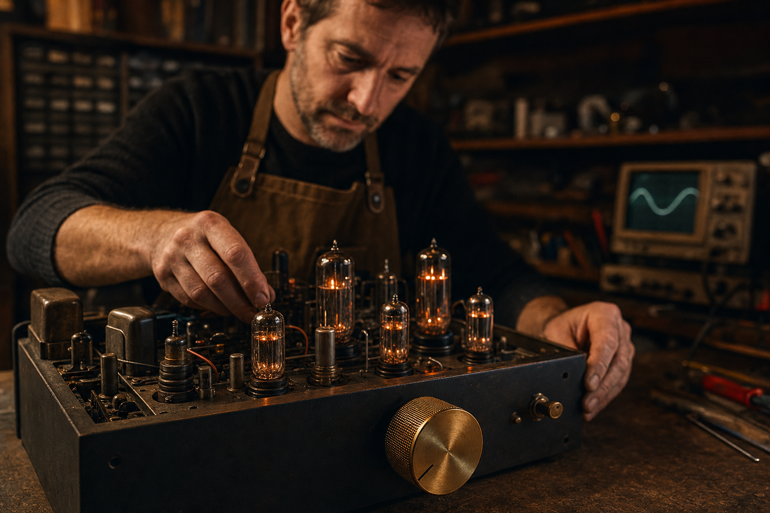 Romain Klein dans son atelier à Gap, mains posées sur un amplificateur à lampes ouvert aux tubes incandescents, gros plan sur un bouton de gain en laiton