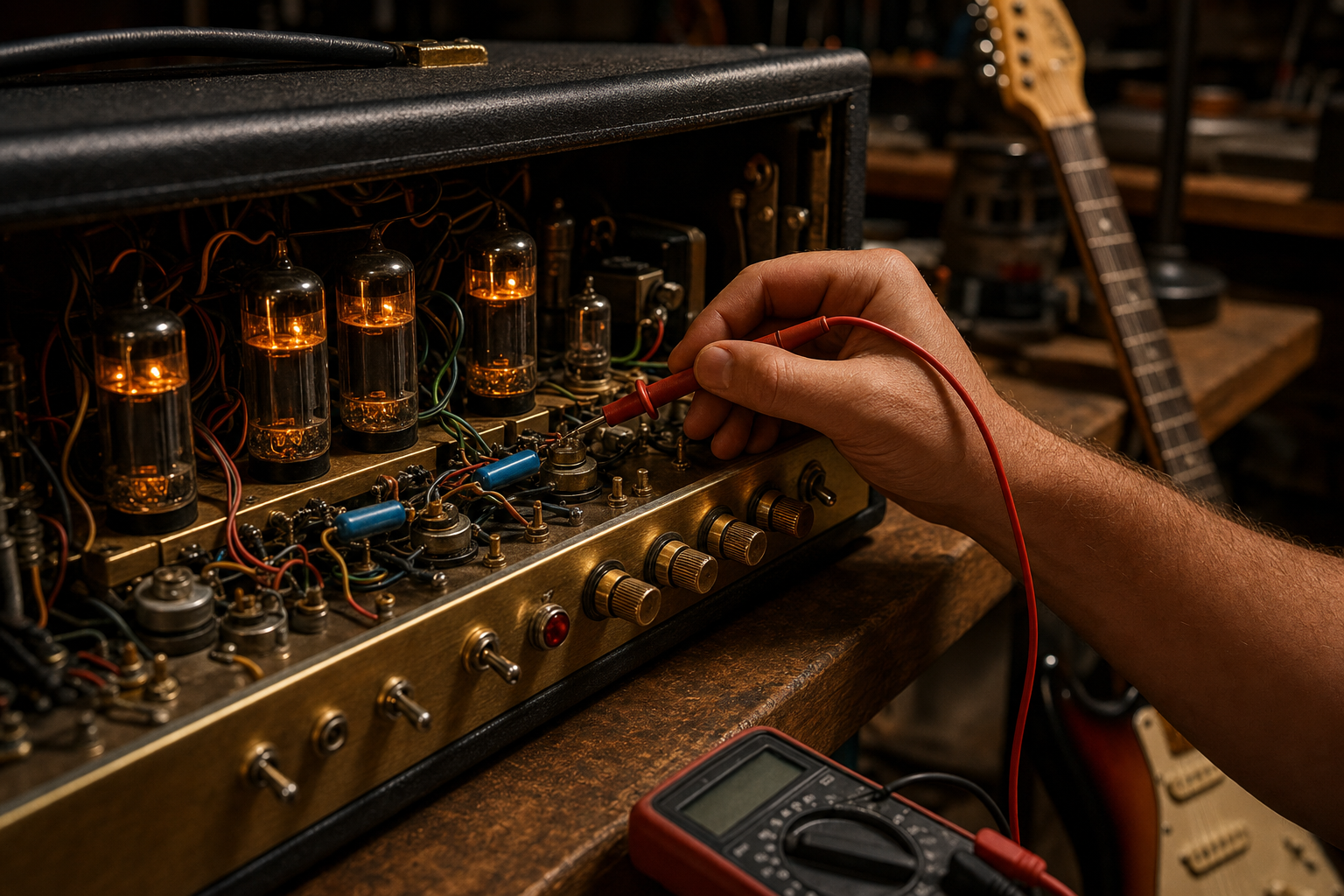 Technicien réglant le bias d'une tête d'ampli guitare ouverte au multimètre, guitare électrique posée à proximité