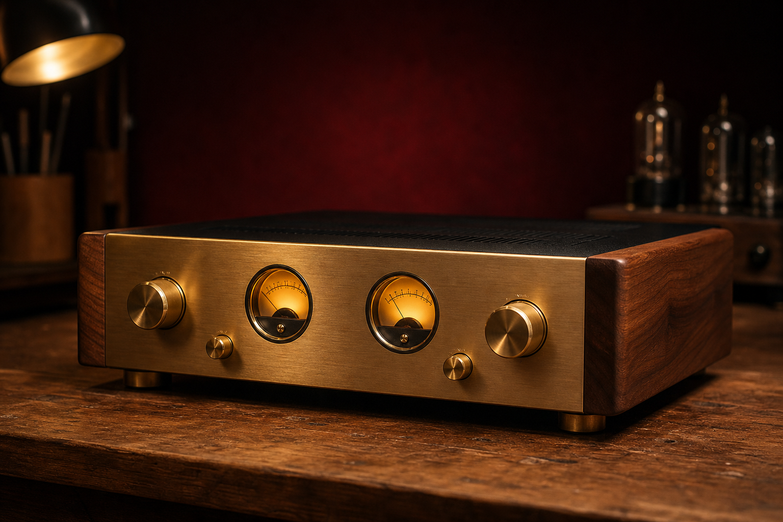 Amplificateur Hi-Fi artisanal en bois et laiton sur un établi, vumètres allumés