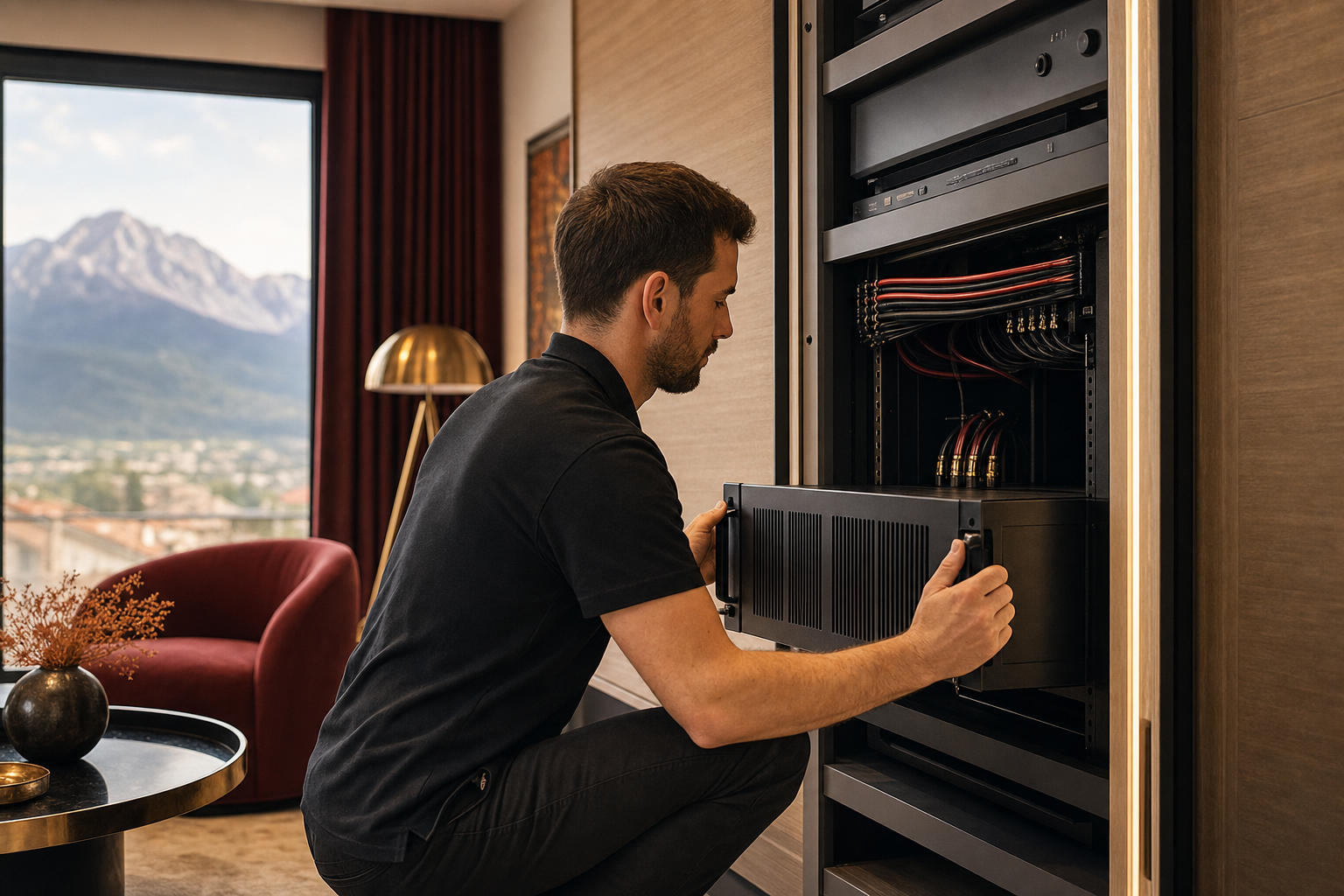 Technicien installant un amplificateur en baie dans un meuble home-cinéma, vue sur les montagnes en arrière-plan
