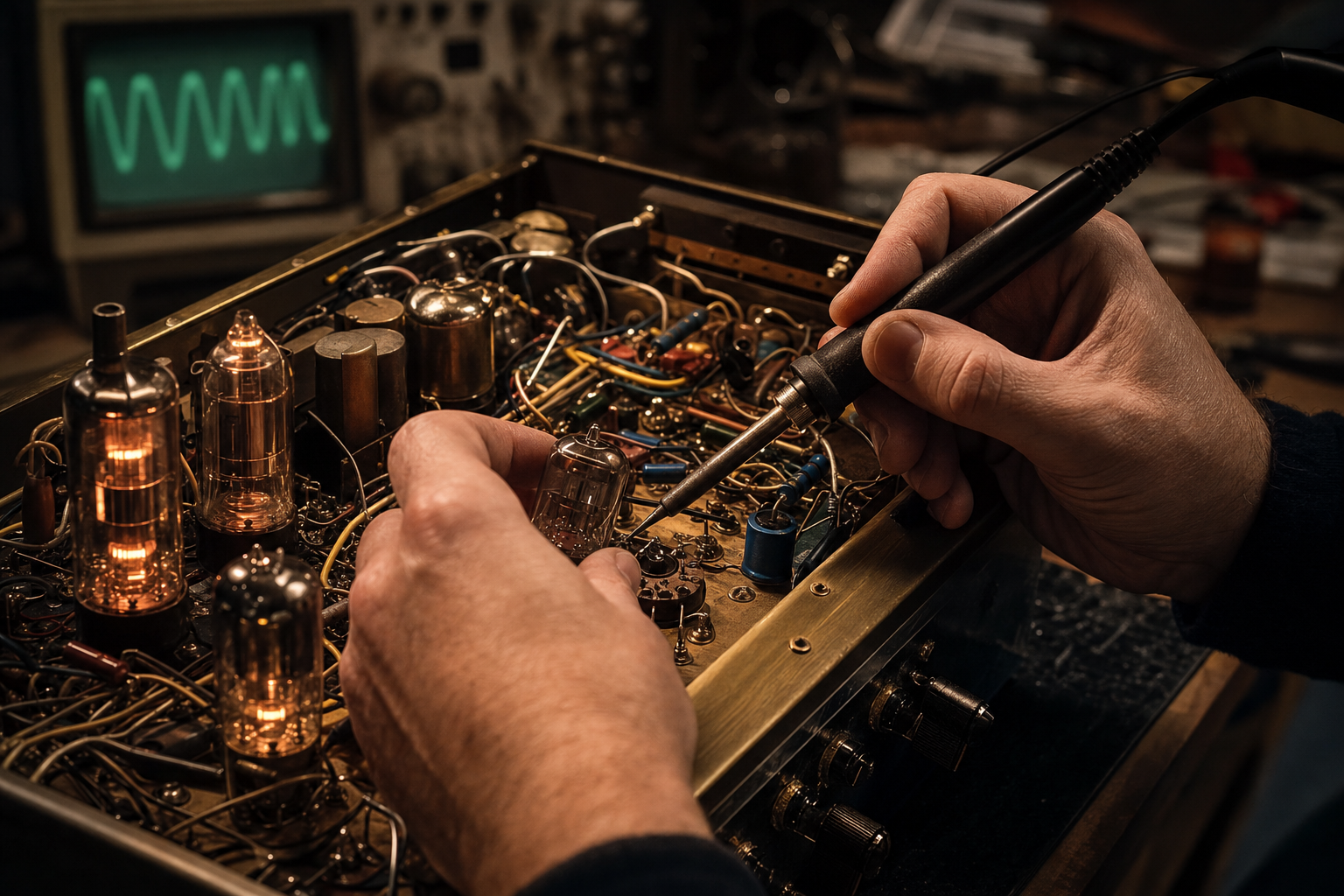 Mains soudant et remplaçant les lampes d'un amplificateur ouvert, lueur ambrée des tubes, oscilloscope en arrière-plan